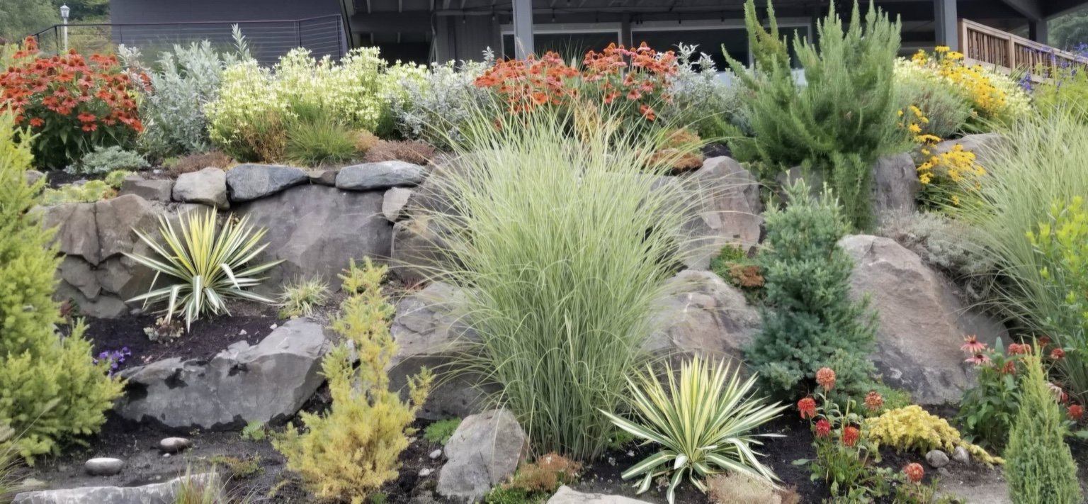 Colorful ornamental grasses, flowering plants and stonework in a landscaped garden